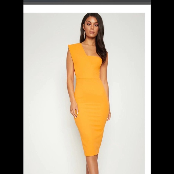 pretty little thing yellow one shoulder dress Pretty little thing yellow draped one shoulder midi dress